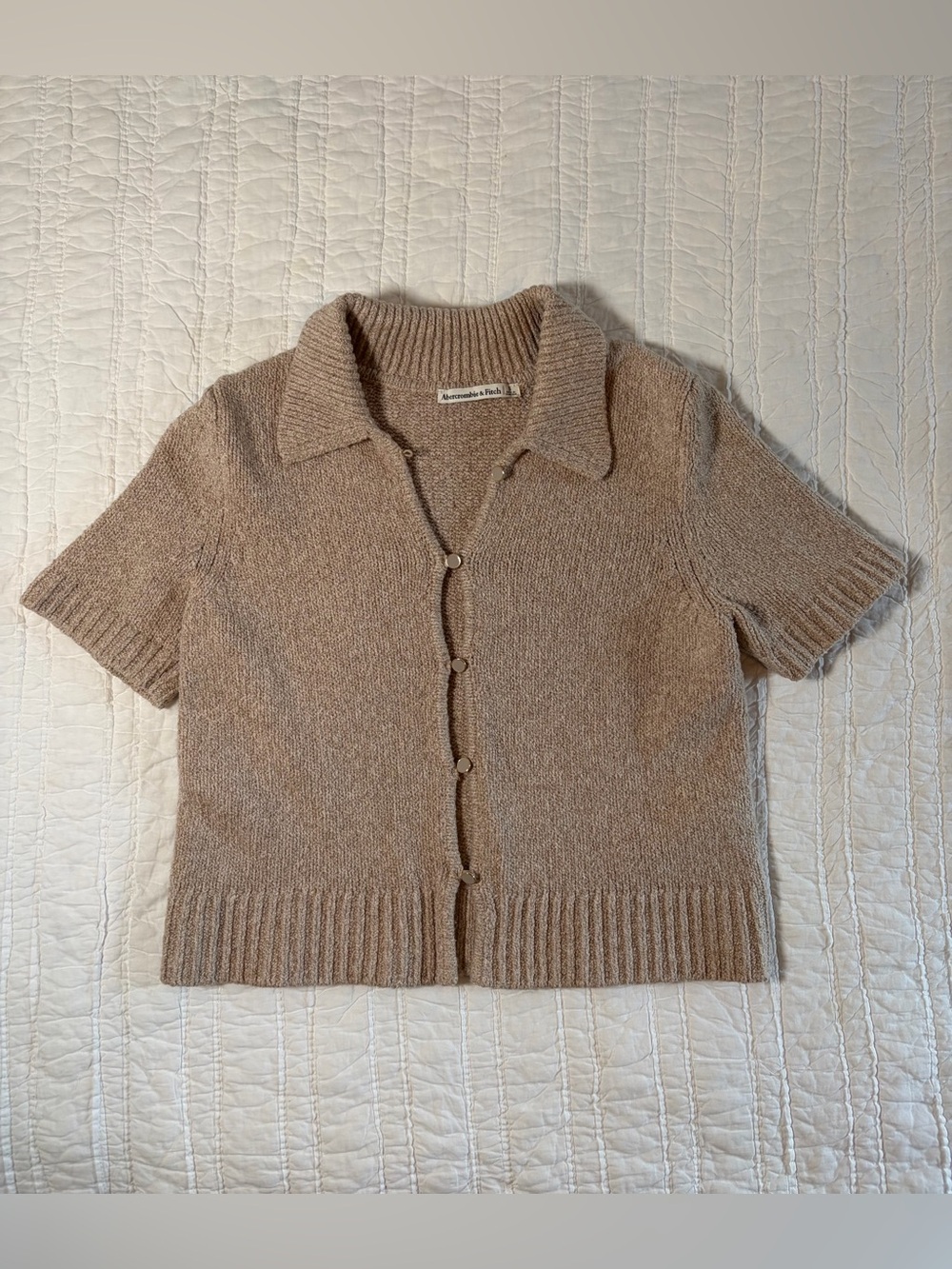 Abercrombie & Fitch Short Sleeve Collared Cardigan Sweater Taupe S